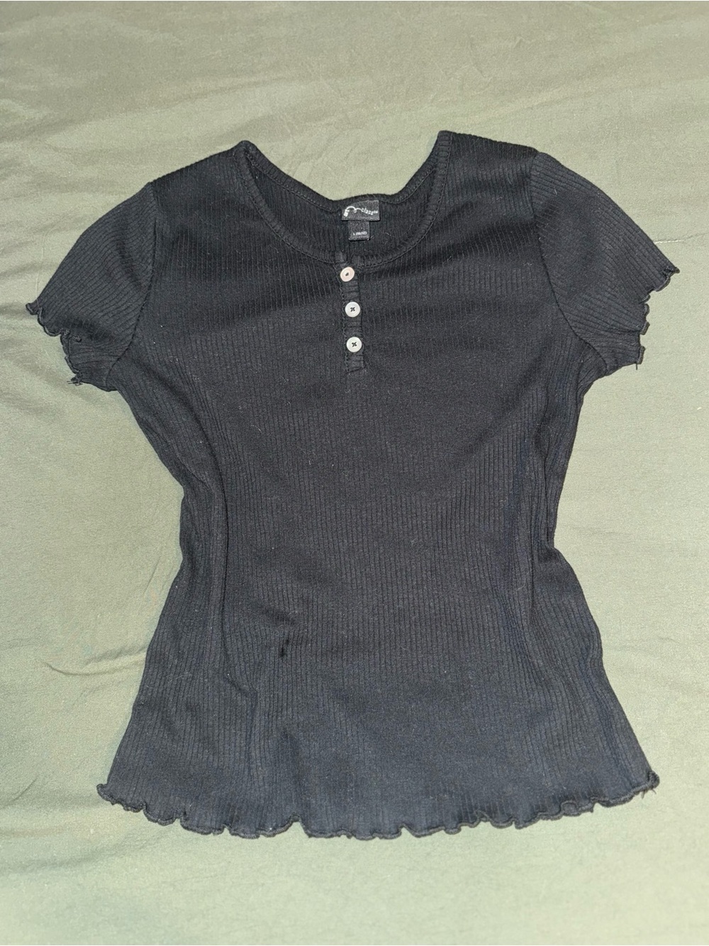 Black Ribbed Henley Short Sleeve Top - Unknown Brand